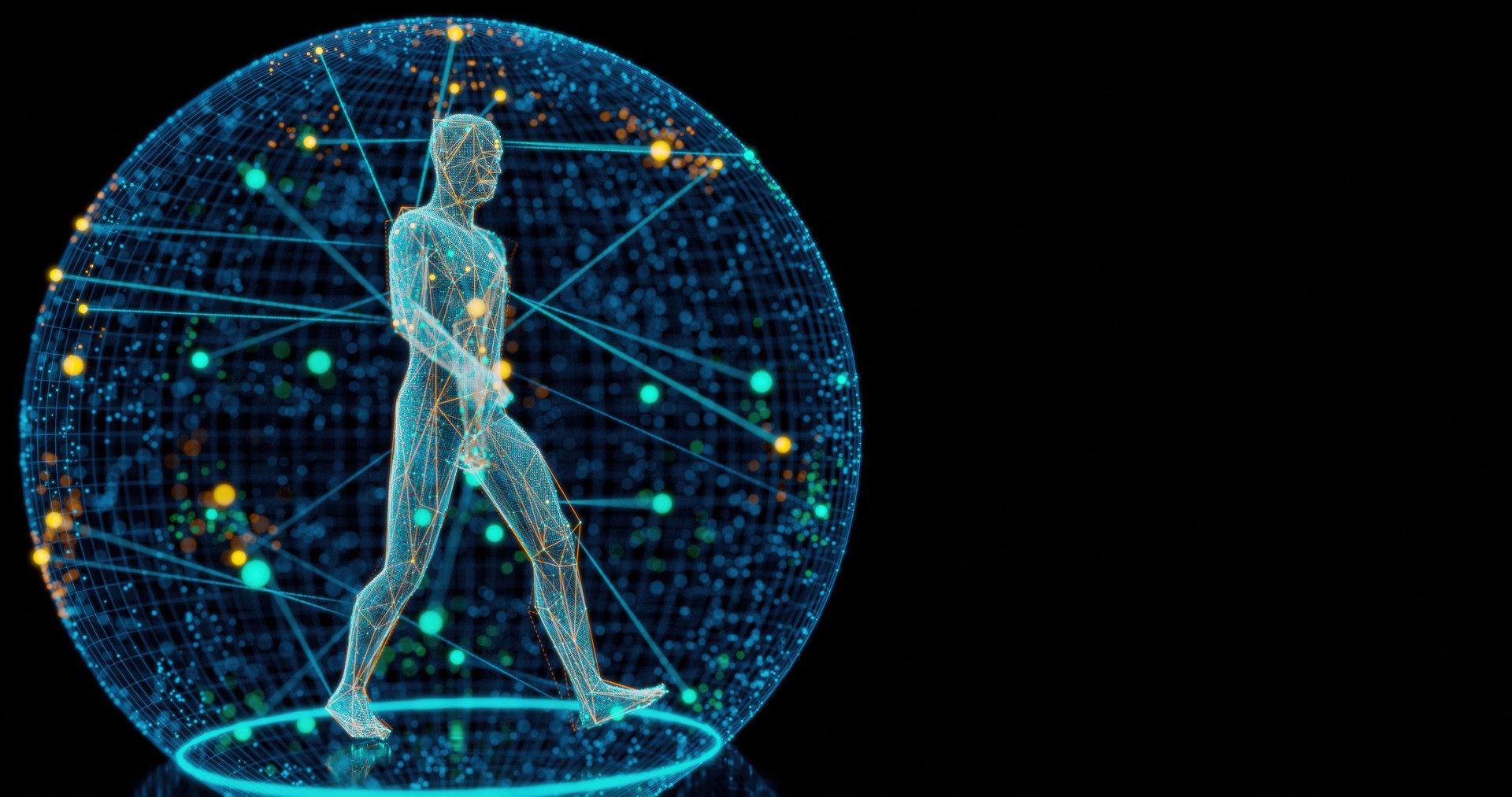 Digitally generated image of a human hologram in a molecular sphere
